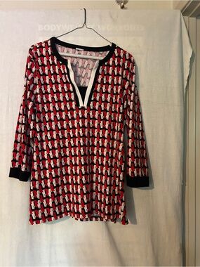 Denim&Co Red, Black and White Geometric V‑Neck Tunic